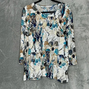 Allison Daley 2X Shirt Top White‎ Abstract 3/4 Sleeve Scoop Neck Stretch Casual